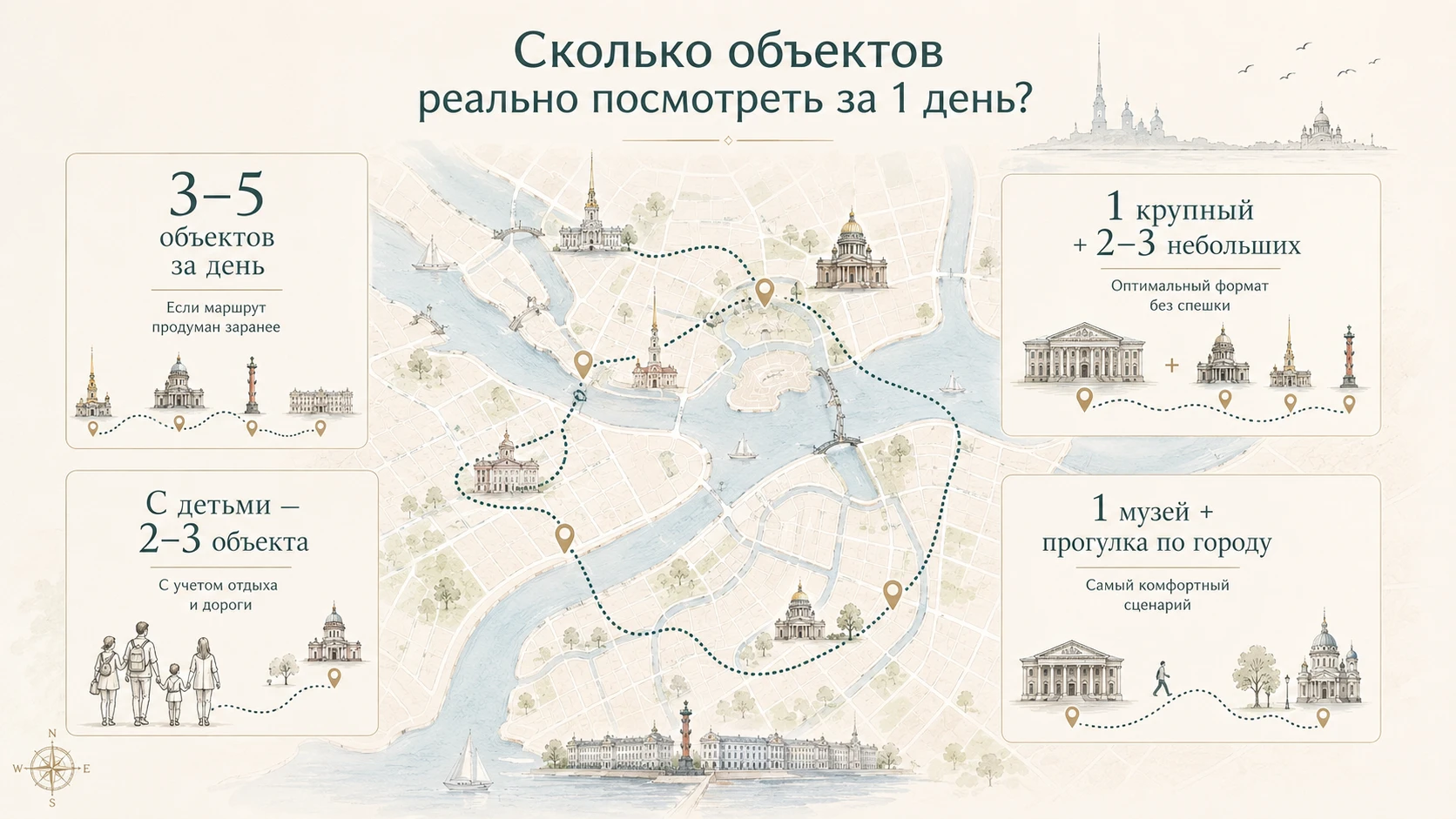 Иллюстрация, сколько объектов можно посмотреть за 1 день в Санкт-Петербурге